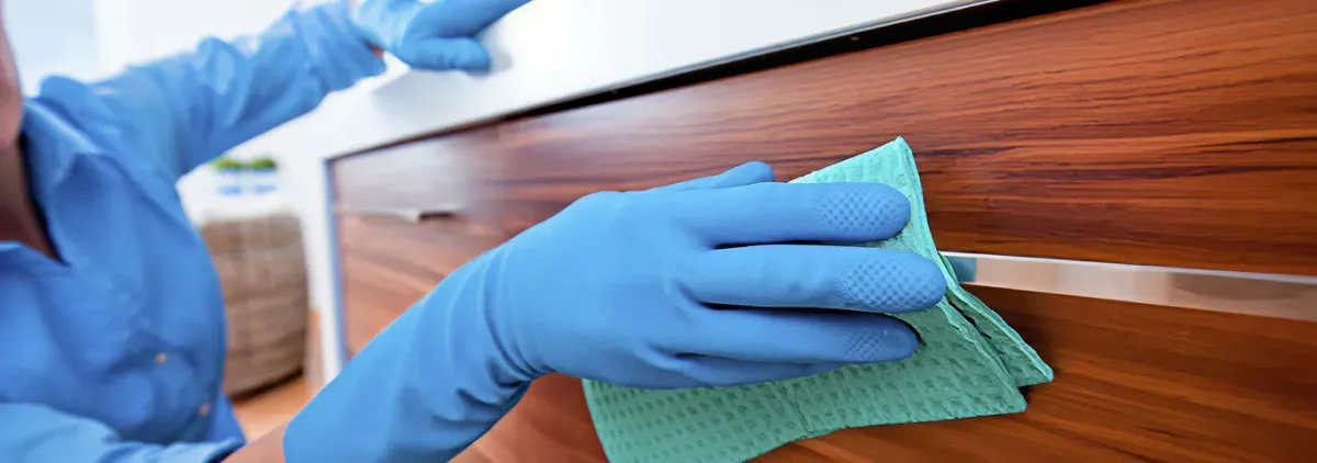 Cleaner wearing blue gloves wiping a wooden cabinet drawer with a microfiber cloth for dust and grime removal, Columbia, MO.