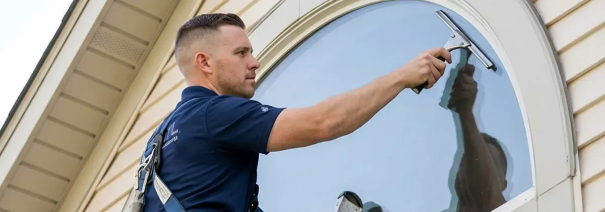 Professional window cleaner using a squeegee to clean an exterior arched window on a home, Columbia, MO.